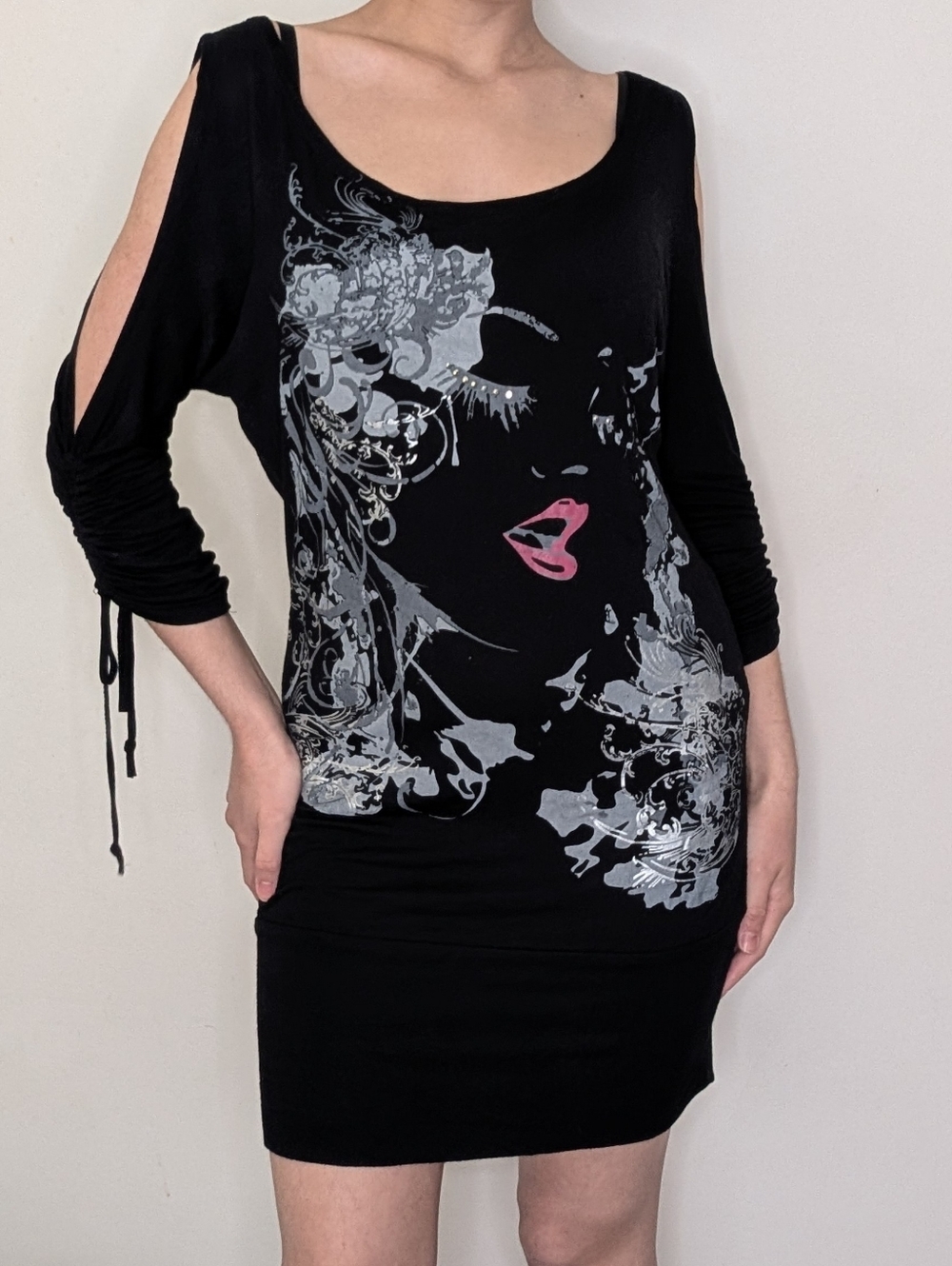 Black Graphic Mini Dress with Pink Lips Face Print
